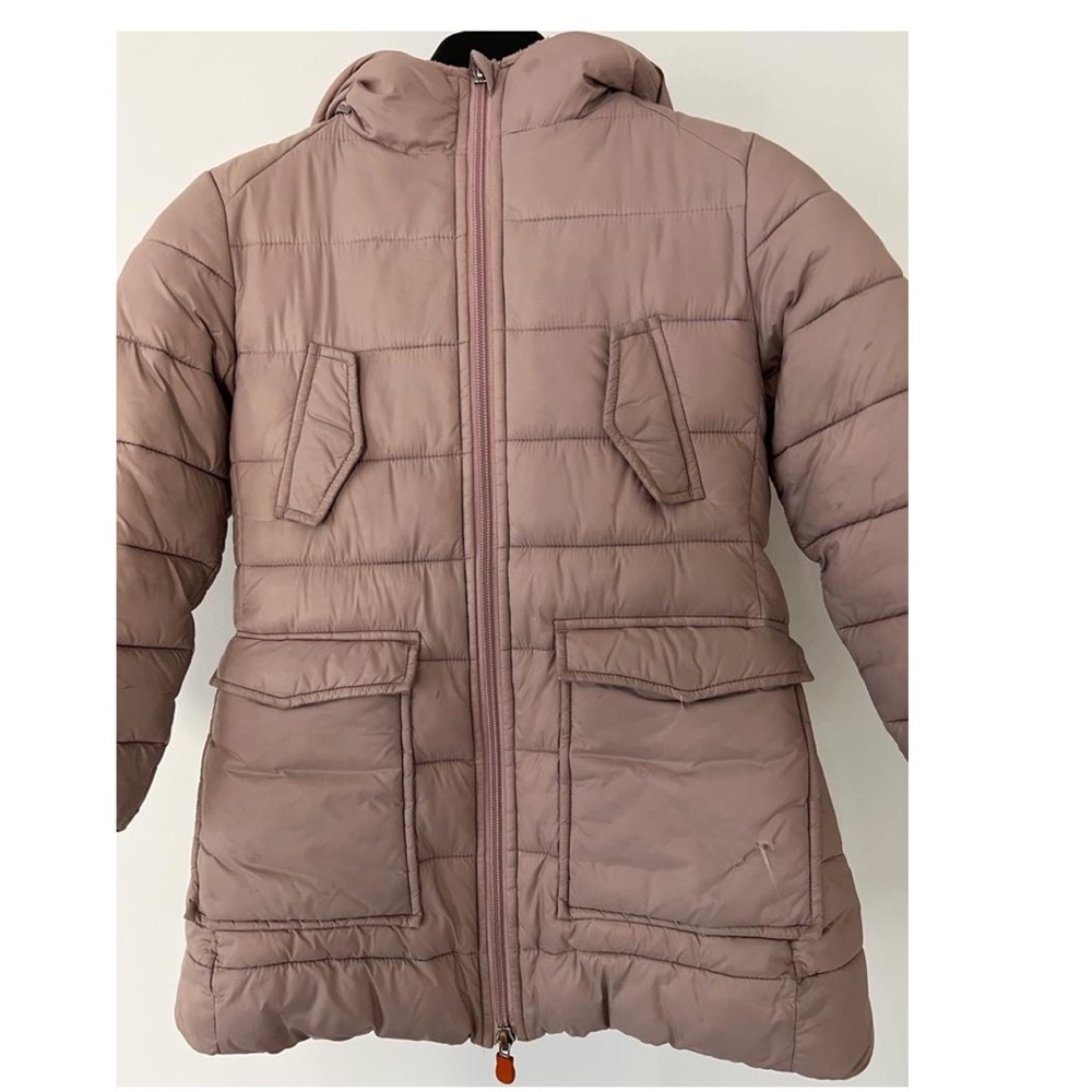 SAVE THE DUCK Girl’s faux-fur hooded puffer coat in mauve color 4-6years old